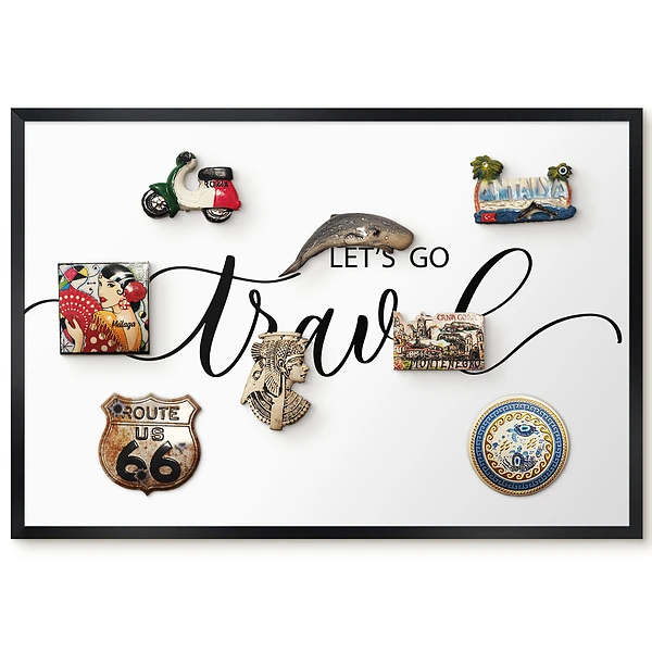 Tableau pour collection d'aimants avec inscription élégante invitant au voyage