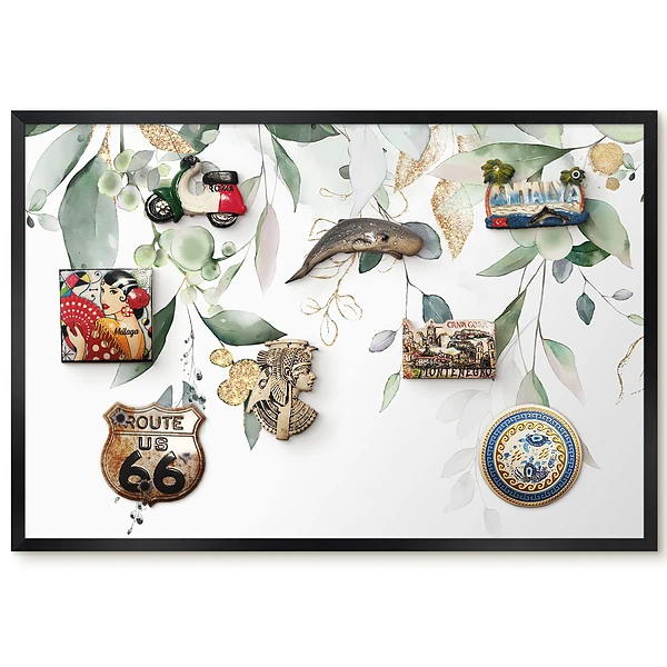 Tableau magnétique décoratif avec cadre motif feuilles délicates aux couleurs pastel