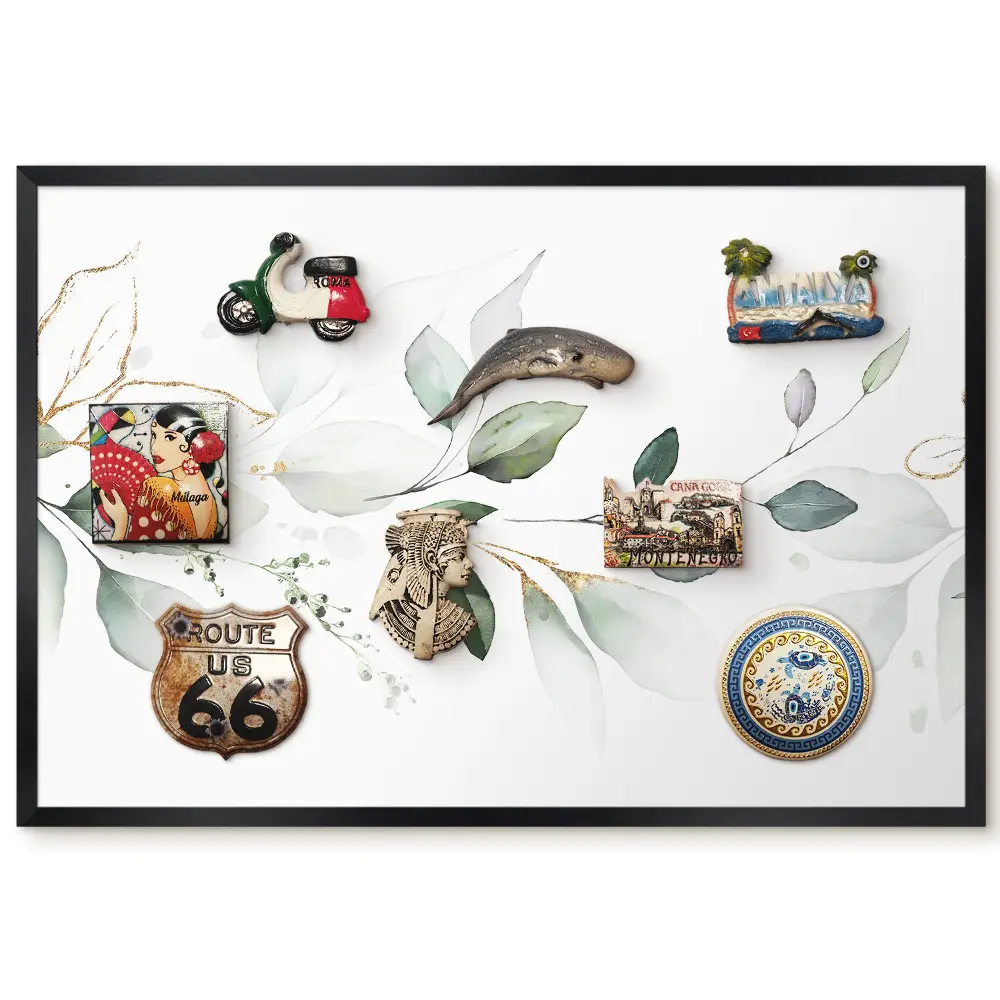 Tableau magnétique pour aimants motif feuilles aquarelles vertes et grises