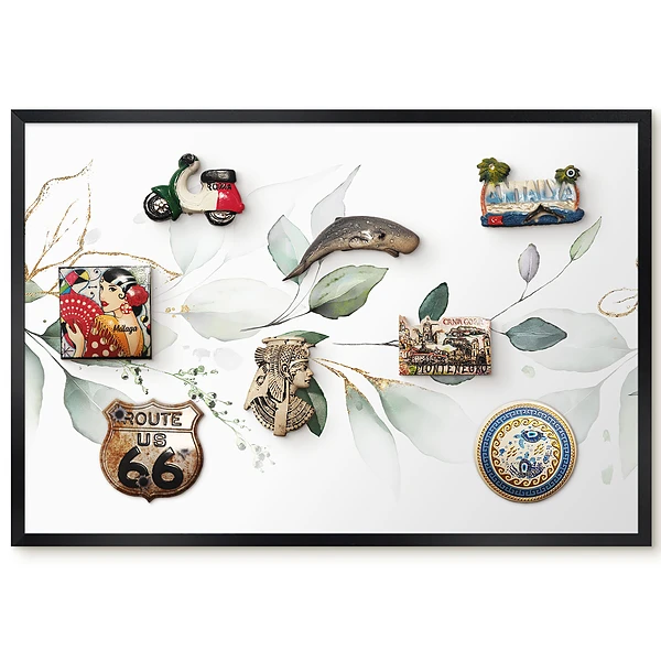 Tableau magnétique pour aimants motif feuilles aquarelles vertes et grises