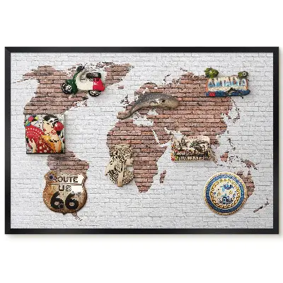 Tableau magnétique carte du monde sur fond de mur en briques