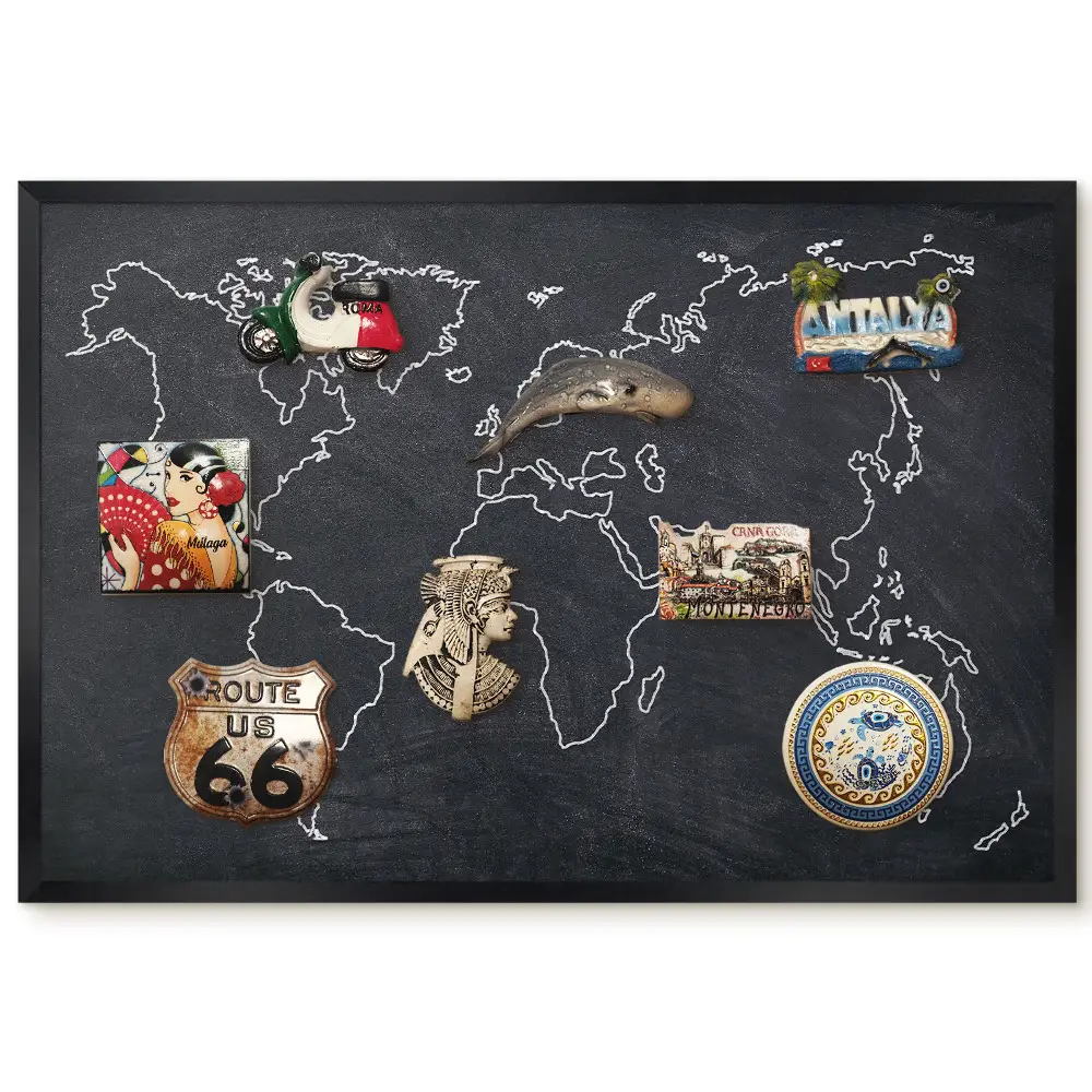Tableau magnétique décoratif Carte du monde avec cadre sur fond sombre