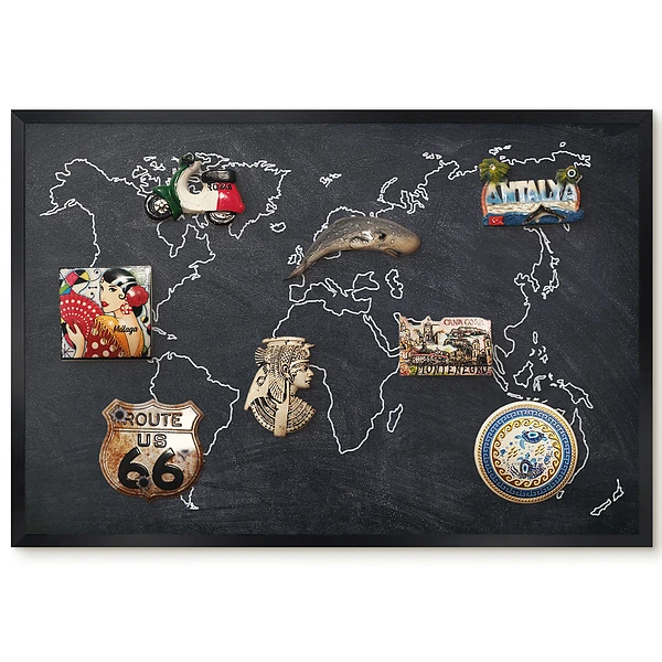 Tableau magnétique décoratif Carte du monde avec cadre sur fond sombre