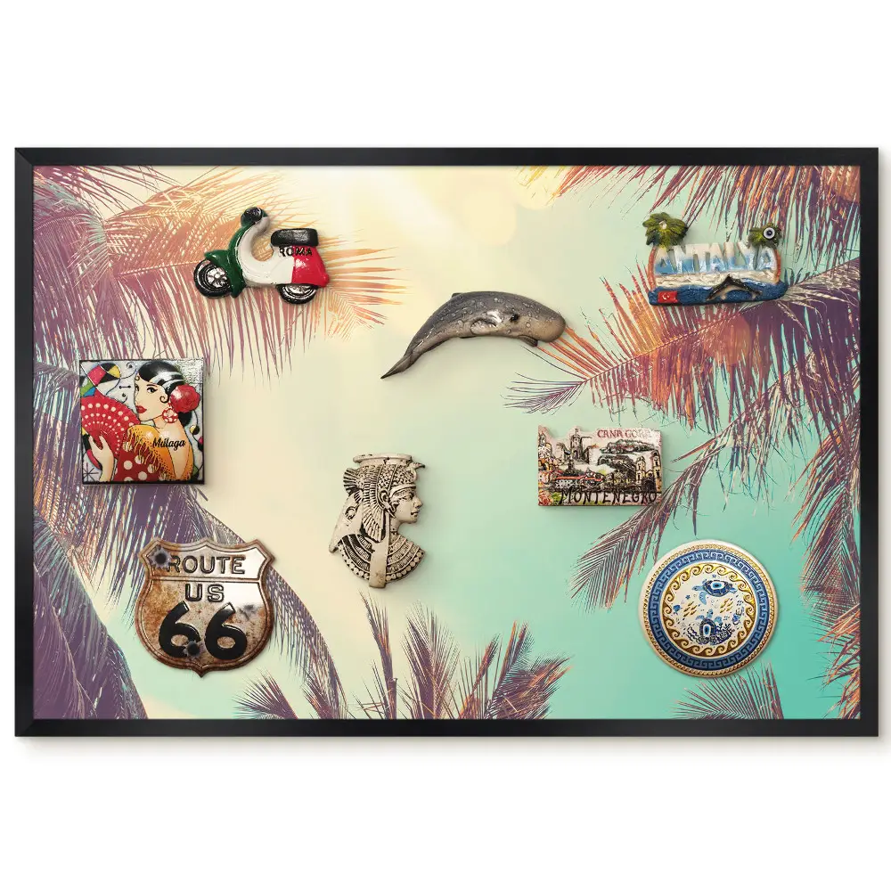Tableau magnétique décoratif avec cadre motif palmiers tropicaux au soleil