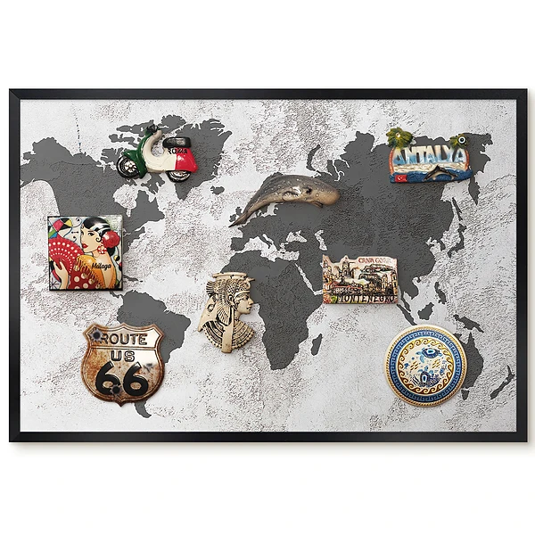 Tableau magnétique décoratif Carte du monde avec cadre et textures subtiles