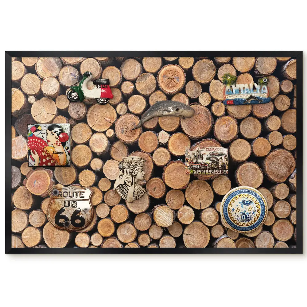Tableau magnétique avec sections en bois aux tons chauds pour collection d'aimants