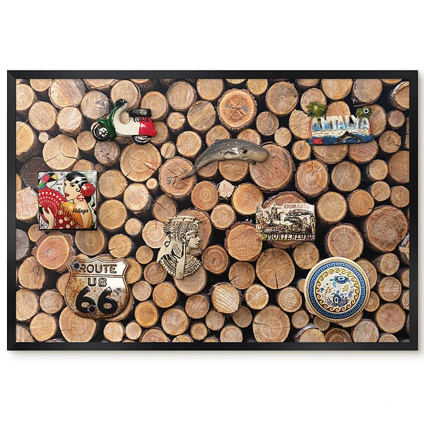 Tableau magnétique avec sections en bois aux tons chauds pour collection d'aimants