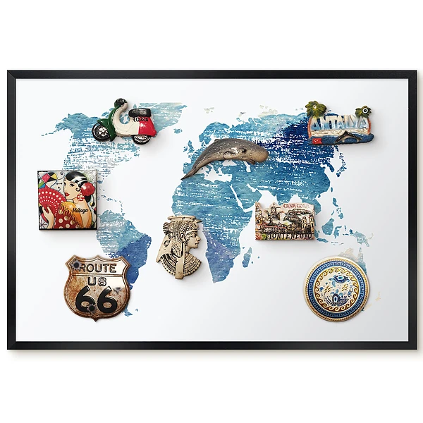 Tableau magnétique décoratif avec cadre motif carte du monde aquarelle bleue