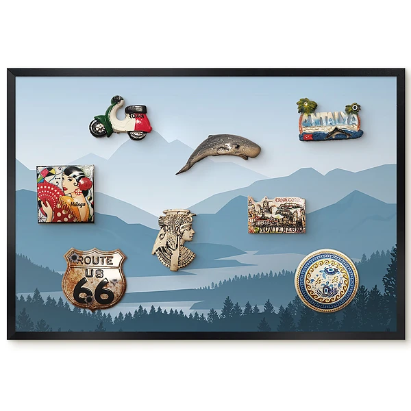Tableau magnétique décoratif avec cadre Montagnes et forêts paisibles aux tons bleus