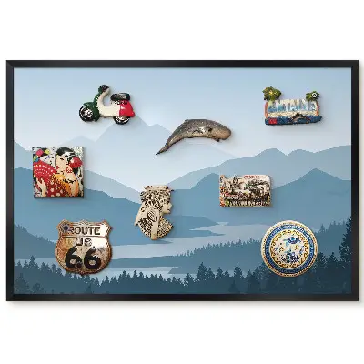 Tableau magnétique décoratif avec cadre Montagnes et forêts paisibles aux tons bleus