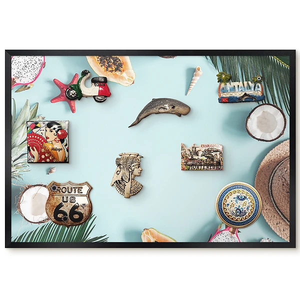 Tableau magnétique pour collection d'aimants motif fruits et coquillages sur fond pastel