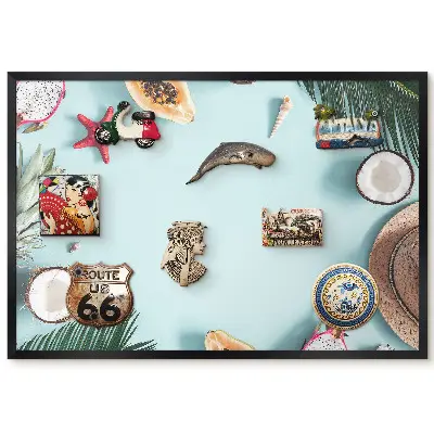 Tableau magnétique pour collection d'aimants motif fruits et coquillages sur fond pastel