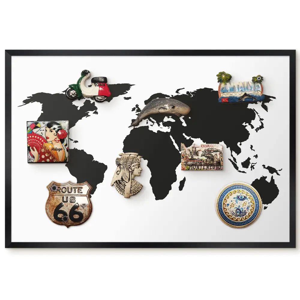 Tableau magnétique décoratif avec cadre Carte du monde élégante en noir et blanc