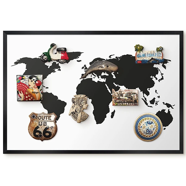 Tableau magnétique décoratif avec cadre Carte du monde élégante en noir et blanc