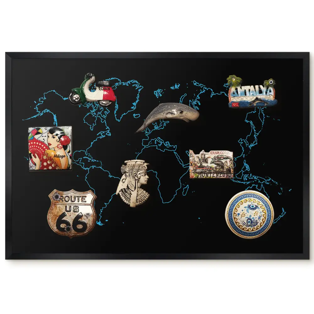 Tableau magnétique carte du monde avec contours bleu clair