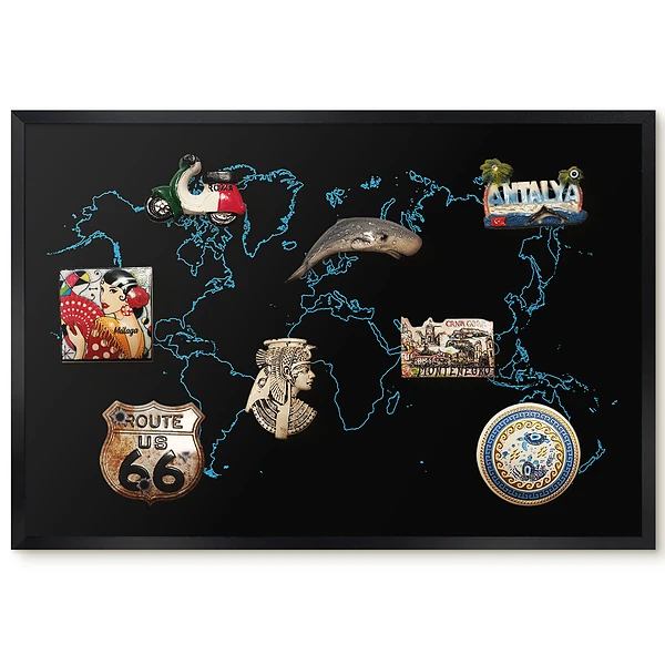 Tableau magnétique carte du monde avec contours bleu clair