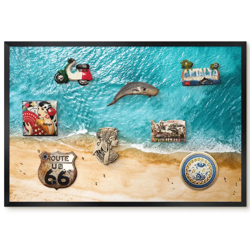 Tableau magnétique décoratif avec cadre motif plage de sable et vagues turquoise