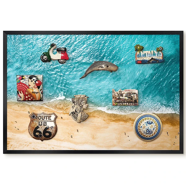 Tableau magnétique décoratif avec cadre motif plage de sable et vagues turquoise
