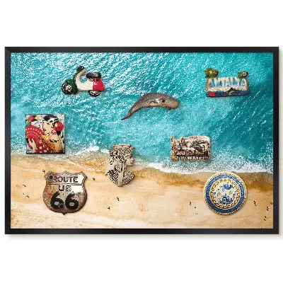 Tableau magnétique décoratif avec cadre motif plage de sable et vagues turquoise