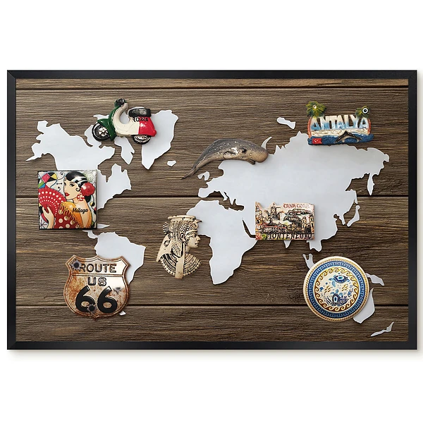 Tableau magnétique décoratif Carte du monde sur bois avec cadre en contraste blanc chaud