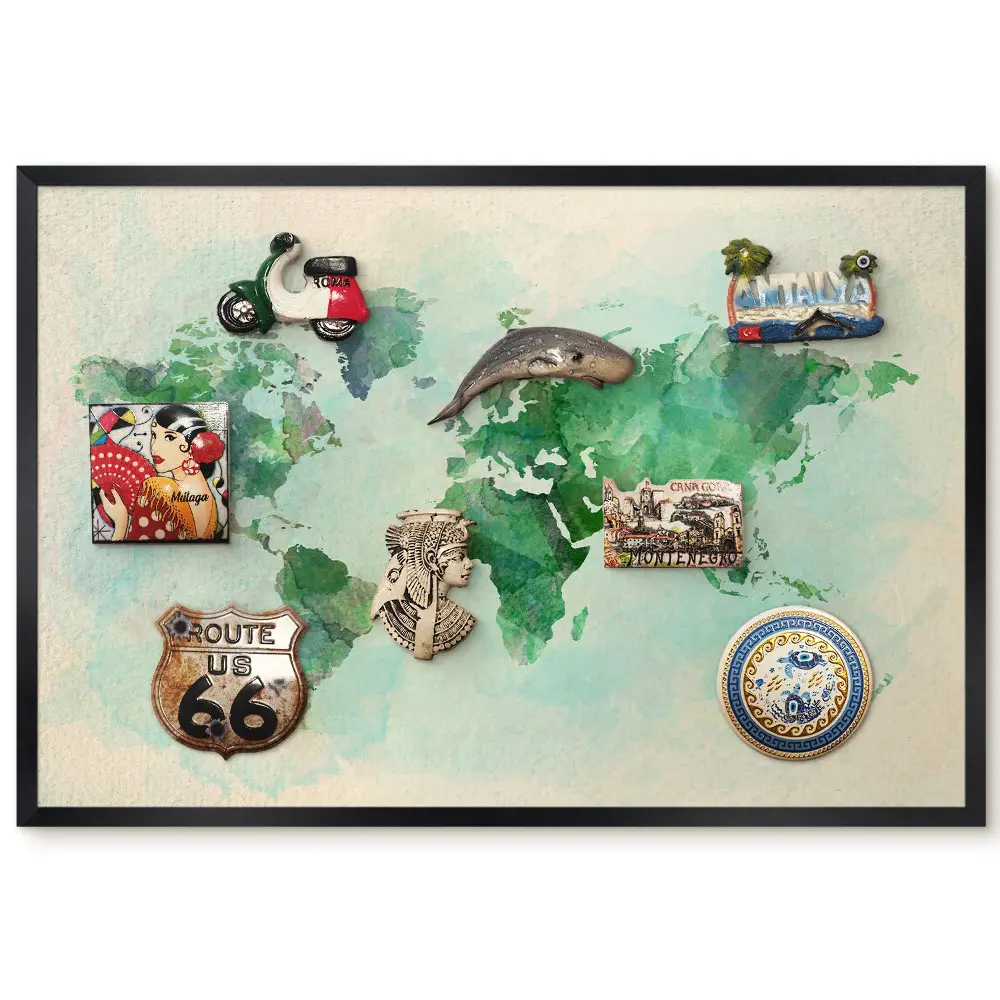 Tableau magnétique carte du monde aquarelle tons verts