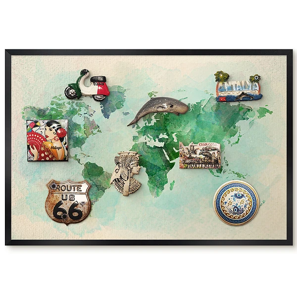 Tableau magnétique carte du monde aquarelle tons verts