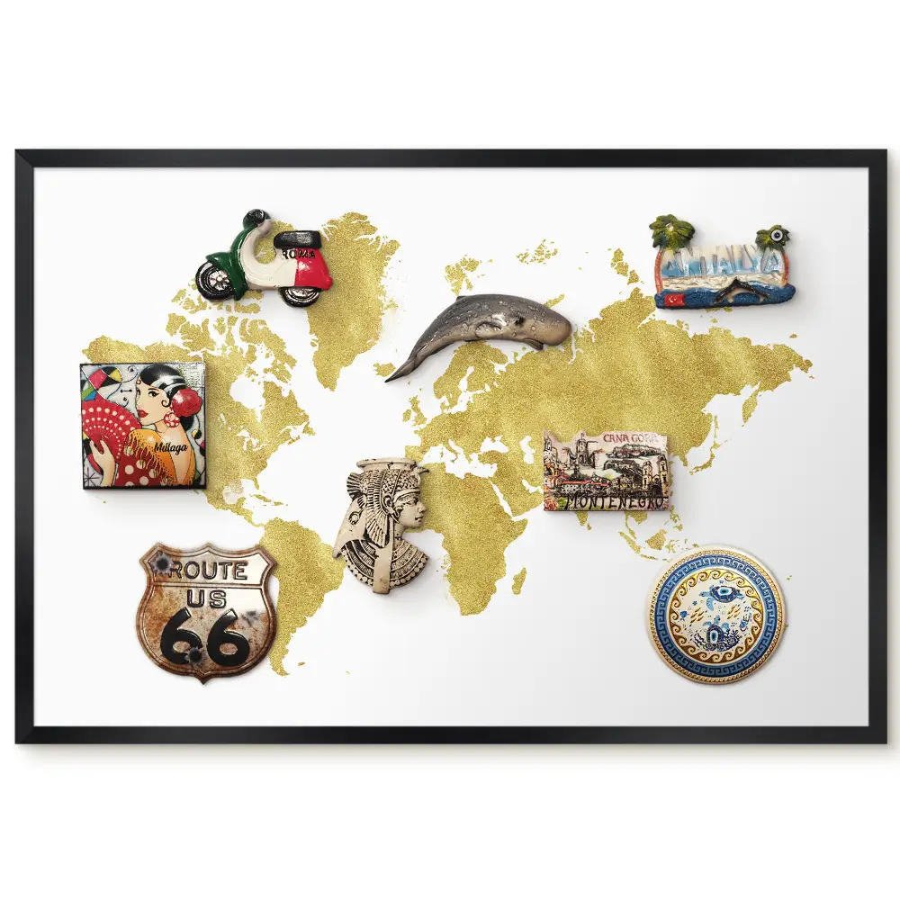 Tableau magnétique carte du monde jaune sur fond blanc