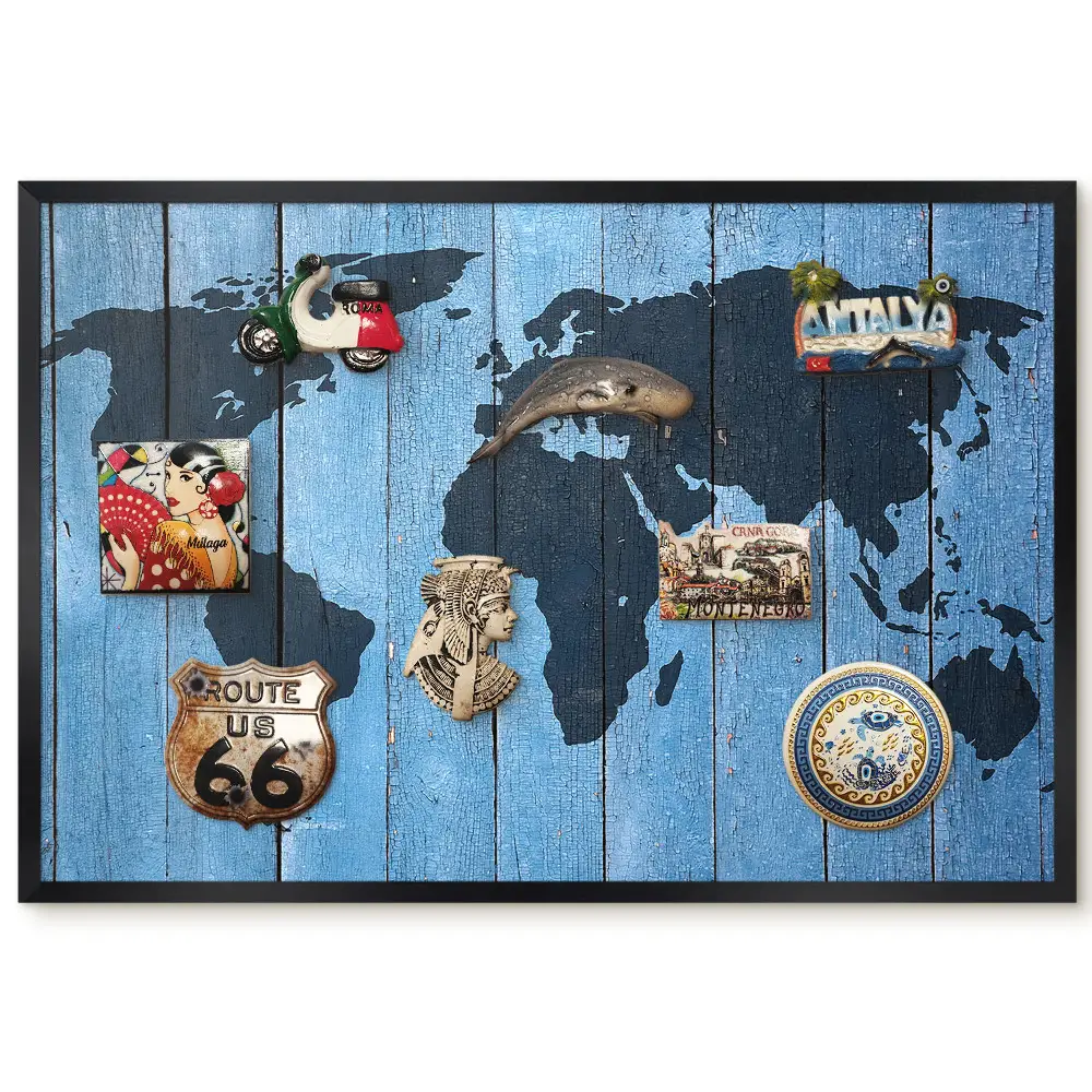 Tableau magnétique décoratif Carte du monde avec cadre effet bois