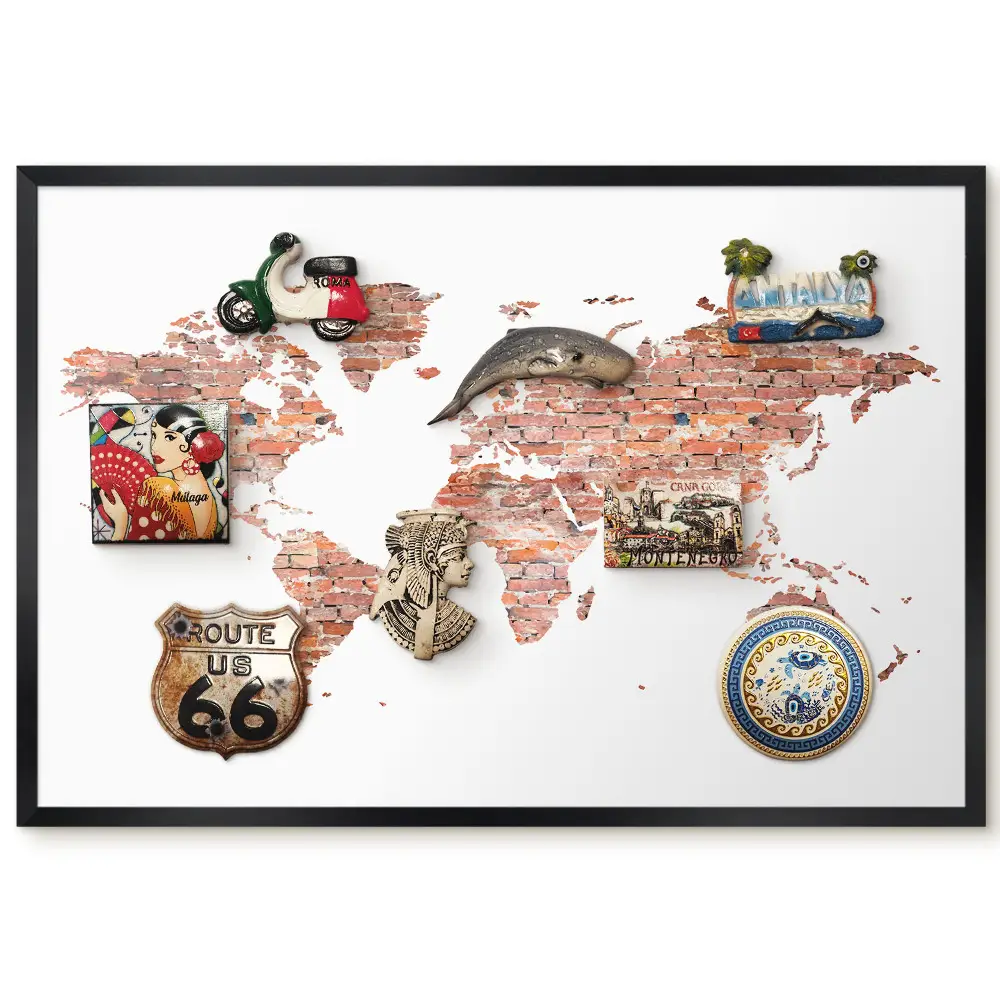 Tableau magnétique pour collection d'aimants motif Monde de briques sur fond blanc