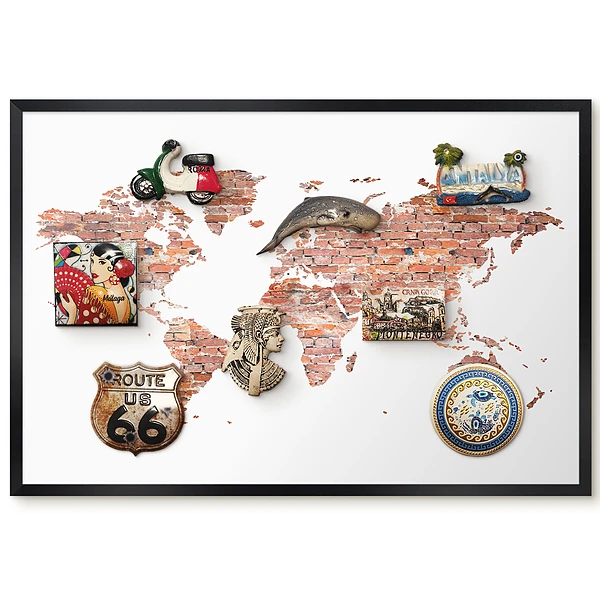 Tableau magnétique pour collection d'aimants motif Monde de briques sur fond blanc