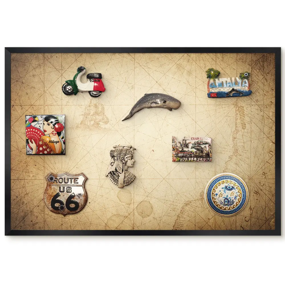 Tableau magnétique décoratif avec cadre motif vieille carte ancienne aux tons chauds