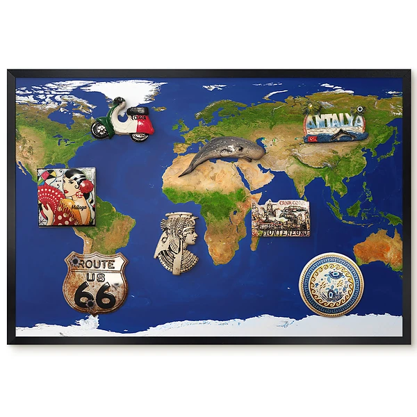 Tableau magnétique carte du monde fond océan bleu pour aimants
