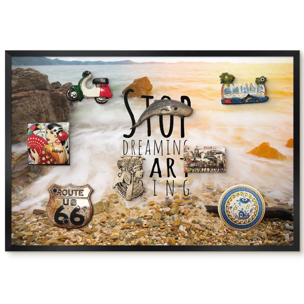 Tableau magnétique décoratif avec cadre motif rochers et vagues et inscription motivante