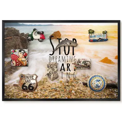 Tableau magnétique décoratif avec cadre motif rochers et vagues et inscription motivante