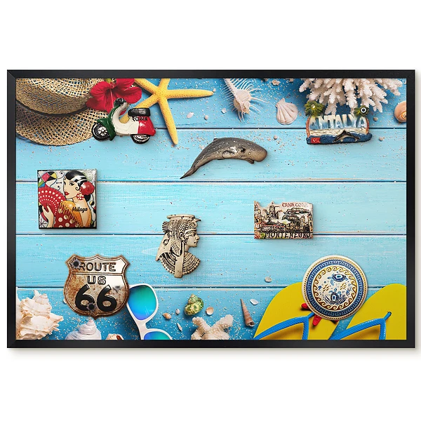 Tableau pour collection d'aimants motif estival avec coquillages et planches bleues