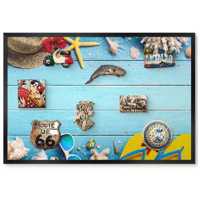 Tableau pour collection d'aimants motif estival avec coquillages et planches bleues