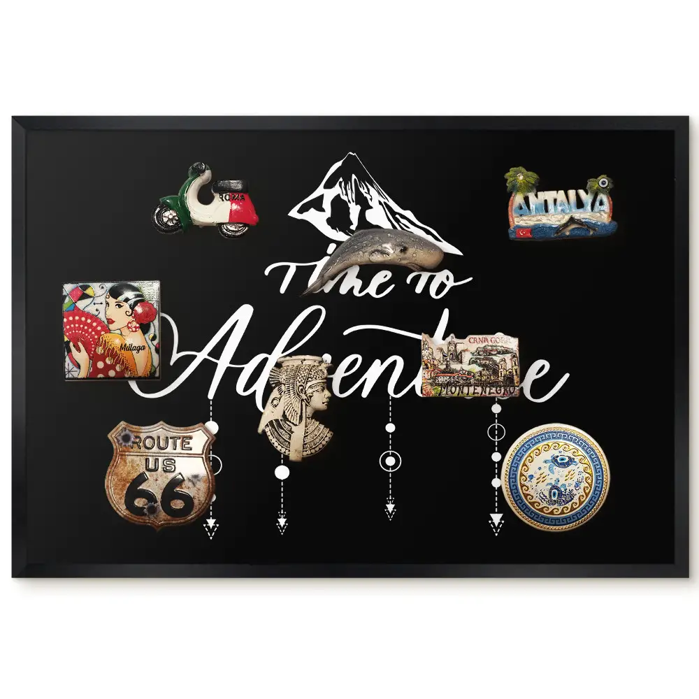 Tableau magnétique pour aimants avec motif de montagne sur fond noir et slogan