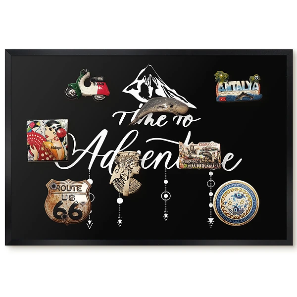 Tableau magnétique pour aimants avec motif de montagne sur fond noir et slogan