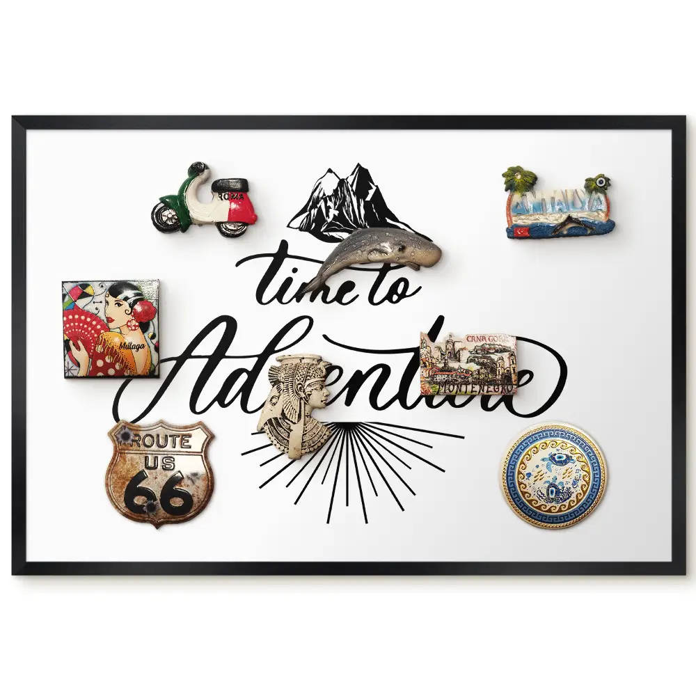 Tableau magnétique décoratif avec cadre et slogan noir et blanc inspiré de l'aventure
