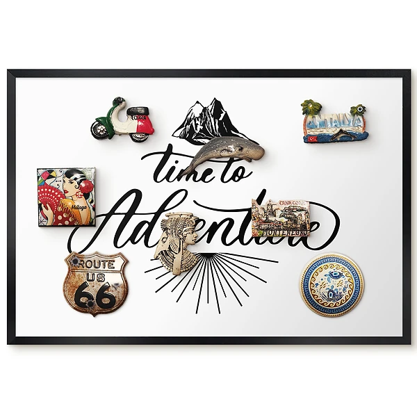 Tableau magnétique décoratif avec cadre et slogan noir et blanc inspiré de l'aventure