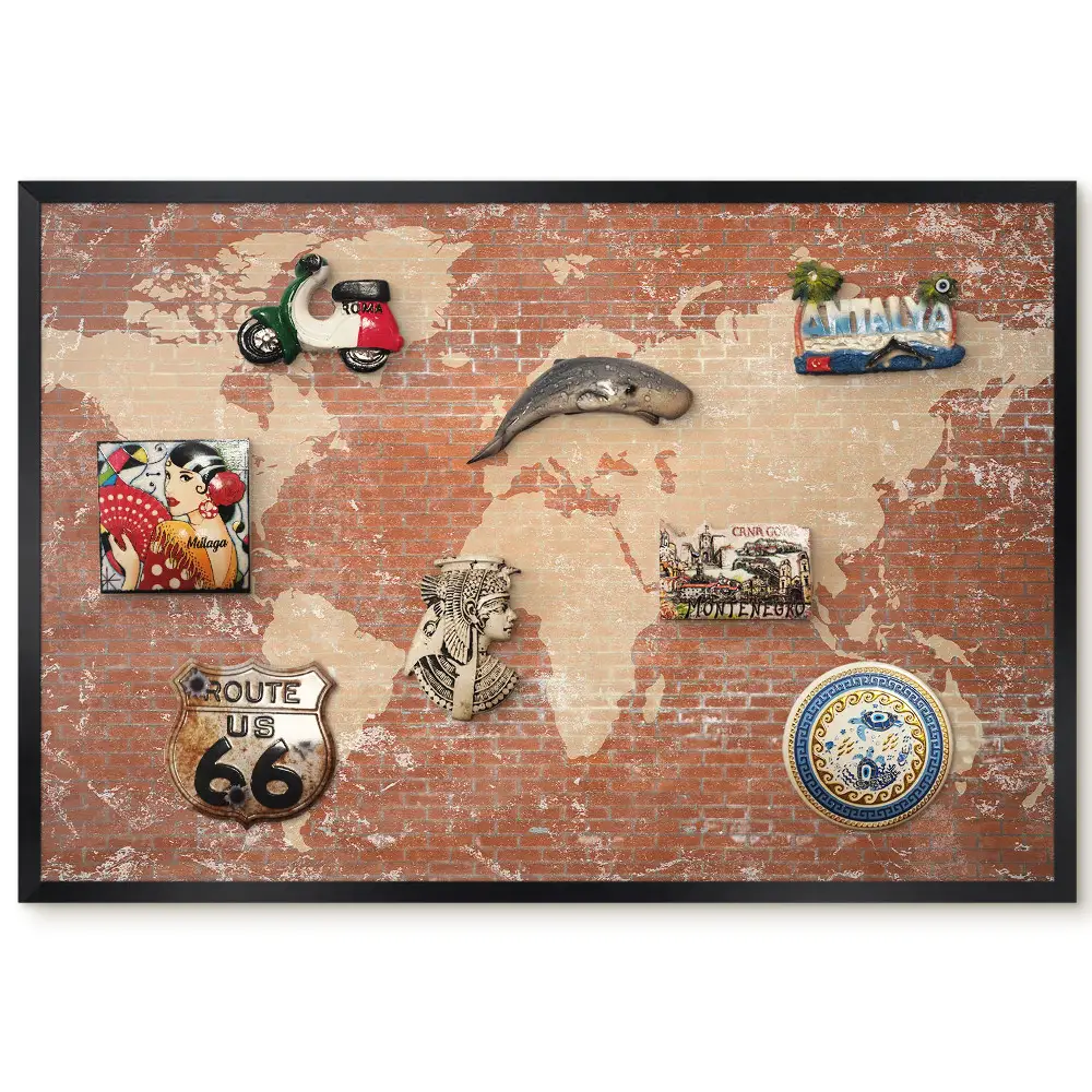 Tableau magnétique carte du monde fond briques style industriel