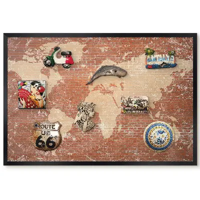 Tableau magnétique carte du monde fond briques style industriel