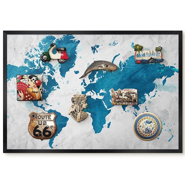 Tableau magnétique décoratif avec cadre Carte du monde aquarelle sur fond bleu