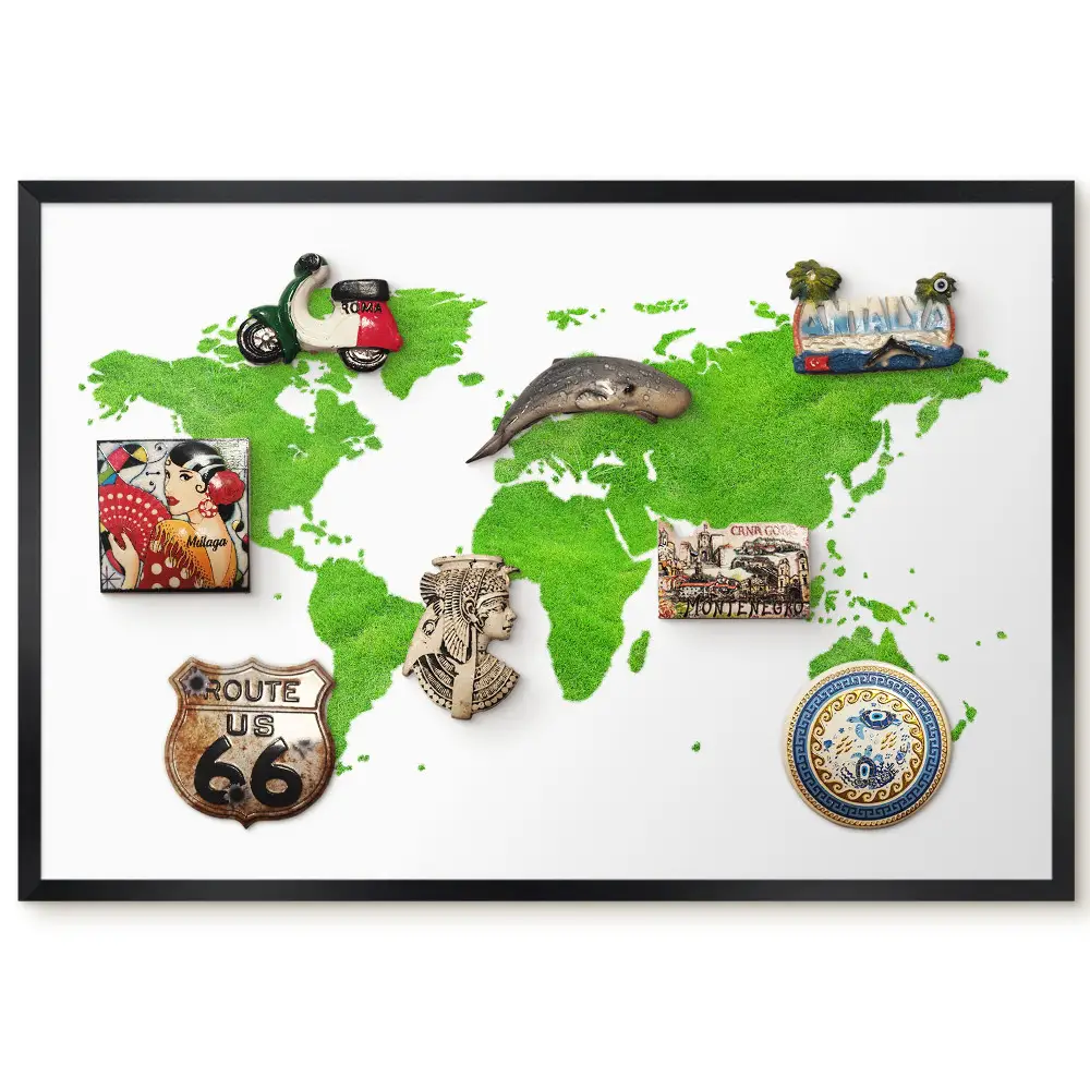 Tableau magnétique décoratif Carte du monde verte sur fond blanc avec cadre