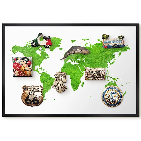Tableau magnétique décoratif Carte du monde verte sur fond blanc avec cadre
