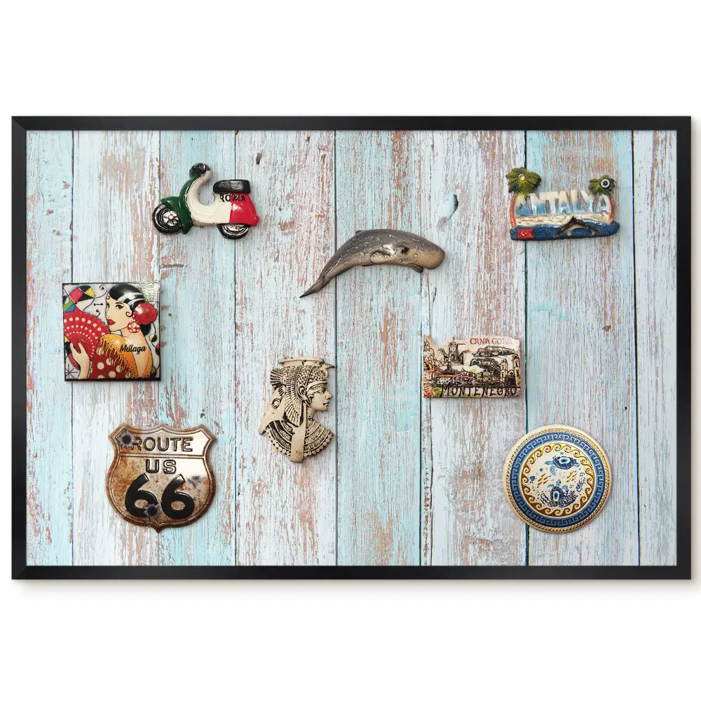 Tableau magnétique décoratif avec cadre motif planches structurées aux abrasions bleu pastel