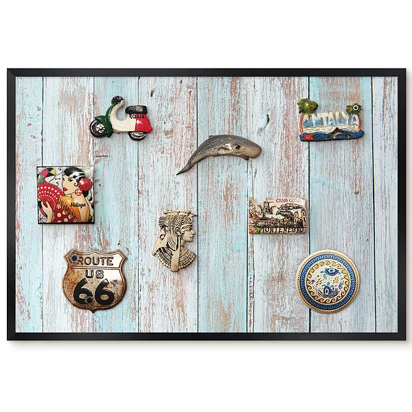 Tableau magnétique décoratif avec cadre motif planches structurées aux abrasions bleu pastel