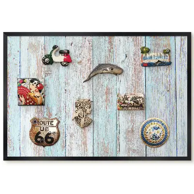 Tableau magnétique décoratif avec cadre motif planches structurées aux abrasions bleu pastel