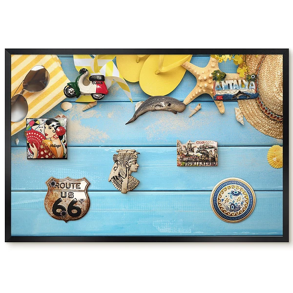 Tableau magnétique décoratif avec cadre motif Scène d'été et bois bleu