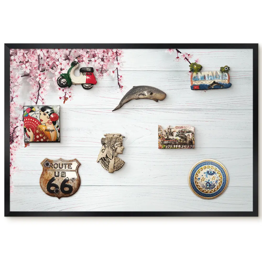 Tableau magnétique décoratif avec cadre motif branches de cerisier sur fond bois